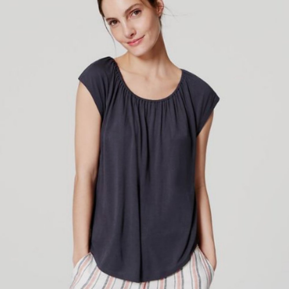 loft black shirred tee draped blouse gathered jersey grecian tshirt s